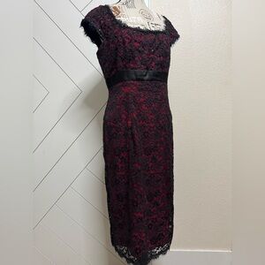 Tadashi Shoji Black and Red Lace Midi Dress - Size 12